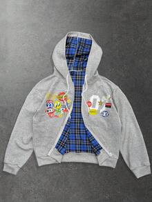 ROMWE MEN Men's Letter Print Long Sleeve Zip Front Casual Hoodie - Multicolor - View 1