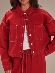 Athîral Denim Women's Red Denim Jacket, Denim Jacket, Red Jacket,Casual Jacket,Loose-Fitting Jacket,Christmas For Women,Winter For Women,Valentine's Day,Valentines For Women,Birthdays For Women,Going Out Tops For Women,Spring Women,Casual Jacket For Women,Red Jacket - Red - View 5