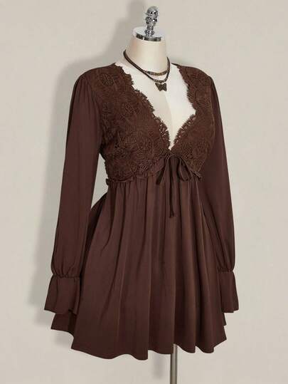 SHEIN ICON Váy mini ren chắp vá màu trơn cỡ lớn cho nữ mùa thu