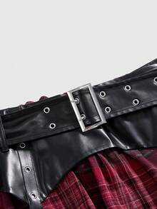 ROMWE Grunge Punk 大码 Y2K 朋克格子 PU 拼接迷你喇叭裙 - 酒紅色 - 查看 7