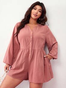 Enliva 加大码女士粉色宽松长袖连体裤，带纽扣和口袋细节，情人节，爱，礼物，浪漫，情人节快乐，2026新年，适合苹果型和圆润身材 - 藕粉色 - 查看 5