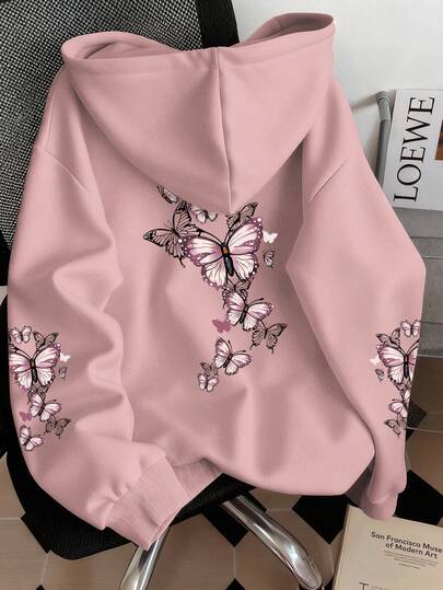 Resyla 女士淡粉色豹纹蝴蝶图案套头卫衣，时尚街头风