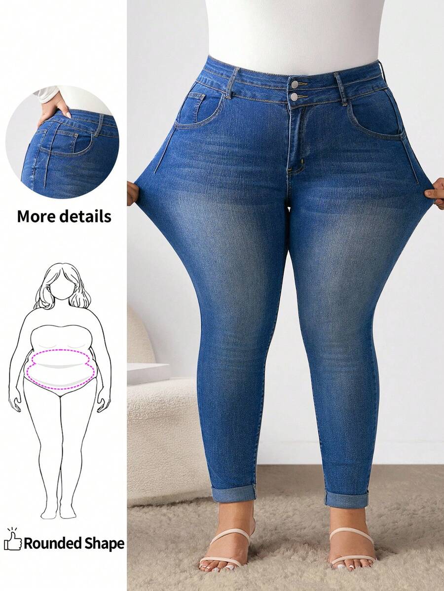 Enliva 大码蓝色弹力紧身七分牛仔裤 冬季牛仔裤 冬季女式牛仔裤 女式牛仔裤 紧身弹力曲线牛仔裤 女式高腰卷边牛仔裤 - 藍色 - 查看 1