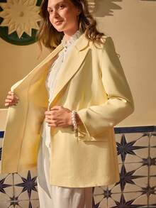 Bóhologie Áo khoác blazer nữ thời trang thanh lịch, tay dài, một hàng khuy - Màu vàng - Xem 6