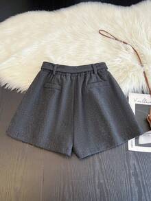 Franclia Women's Pleated Waist Design Versatile Casual Wool Blend Shorts - Grey - View 2