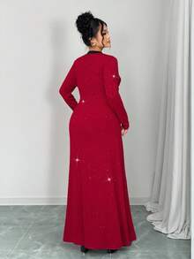 Elenzga Elegantes Partykleid in Große Größen, Farbblockdesign mit Pailletten, Textilstruktur, Metallverzierung vorne, tailliertes A-Linien Kleid für Damen - Rot - Übersicht 3