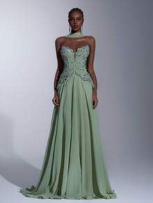 Elitara Elegant Gray-Green Luxury Embellished Off-Shoulder Vintage Palace-Style Extra-Large A-Line Skirt With Adjustable Tie Waist, Suitable For Dates, Weddings, Formal Events, And Formal Banquet Gowns - Grass Green - View 8