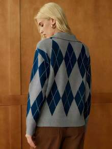 Écloséra Áo len chui đầu tay dài cổ polo kiểu Pháp, họa tiết kim cương, thiết kế cài nửa nút, màu kaki, dành cho nữ, mùa thu/đông - Nhiều màu - Xem 2