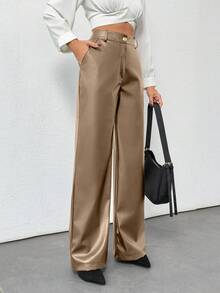 Plus Size Women's Gold Button Detailed Straight Fit Leather Pant - Mocha Brown - View 1