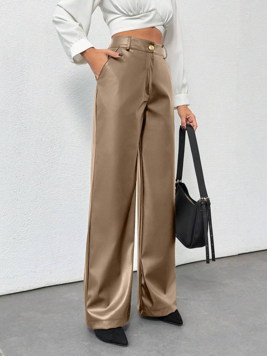Plus Size Women's Gold Button Detailed Straight Fit Leather Pant - Mocha Brown - View 1