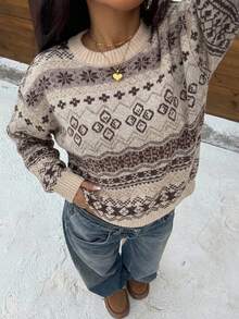 Muchica 休闲简约风浅棕色撞色费尔岛几何雪花提花图案针织毛衣，适合秋冬季穿着。 - 彩色 - 查看 4