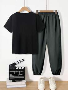 SHEIN Mirajuku 2pcs/Set Boys' Print Black Short Sleeve T-Shirt And Beige Cargo Pants Casual Outfit, Spring/Summer Baggy T Shirt Black Cargo Pants Boys - Dark Grey - View 7
