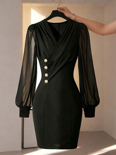 Franclia 女士优雅薄纱灯笼袖褶皱腰身迷你连衣裙，饰有金色纽扣