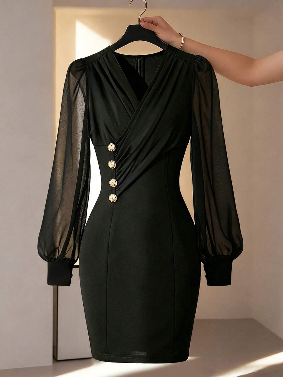 Franclia 女士优雅薄纱灯笼袖褶皱腰身迷你连衣裙，饰有金色纽扣 - 黑色 - 查看 1