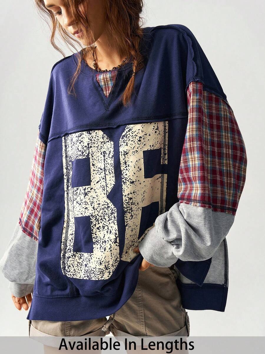 SHEIN Tall CURVE 大码撞色格子数字印花卫衣，大码图案T恤，女式宽松衬衫，大码针织秋季上衣，女式秋装，冬季秋季服装 - 彩色 - 查看 1