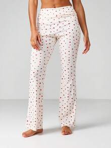 MISSGUIDED Heart Print Pointelle Fold Over Waist Lounge Pants Cute Sleepwear Pajama Bottoms Comfortable Relaxed Fit Loungewear Valentine Hearts Pattern - Pink - View 1