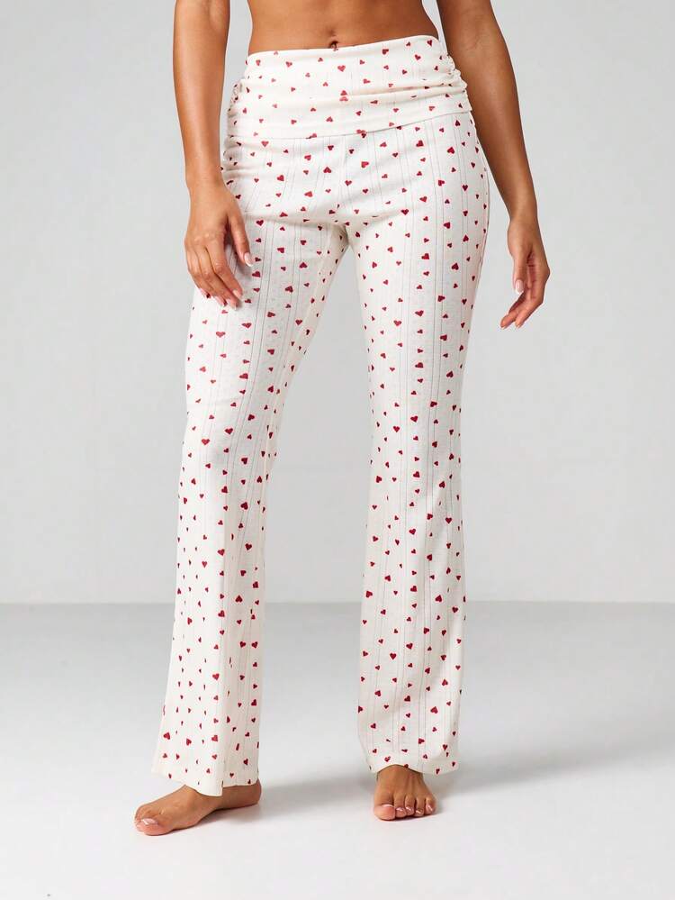 MISSGUIDED Heart Print Pointelle Fold Over Waist Lounge Pants Cute Sleepwear Pajama Bottoms Comfortable Relaxed Fit Loungewear Valentine Hearts Pattern
