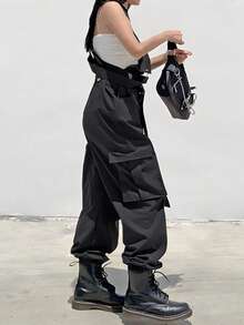 INAWLY Quần jumpsuit cargo thường ngày cỡ chuẩn cho nữ - màu đen - Xem 3
