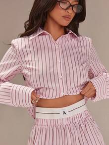 Athîral Women's Casual Pink Striped Long Sleeve Shirt And Shorts Set,Two Piece Spring Summer Casual Lounge Outfit,Pink Striped Suit,Casual Sets For Women,Valentine's Day Outfit,Pink Blouse, Blouse And Pants Set, Shirt And Pants Set, Shirt Sets For Women, Striped Blouse, Pajama Set, Blouse And Shorts Set, Cotton Clothing Woman,Women's Summer Set,Spring Break Outfits,Valentine Outfits For Women - Pink - View 4