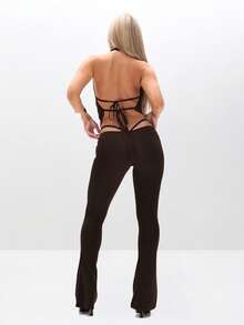 BABYPHAT Logo Cowl Neck Halter Top With Deep Plunging Neckline And Decorative Chain Details - Chocolate Brown - View 5