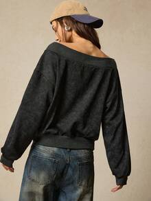 SoleilVie Women's Off-Shoulder Sweatshirt, Women's Washed Minimalist Versatile Commuter Sweatshirt, Autumn/Winter - Grey - View 2