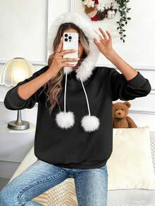 SHEIN LUNE 女士长袖毛绒拼布休闲连帽运动衫