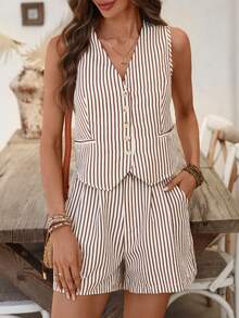 SHEIN LUNE Women's Striped V-Neck Sleeveless Faux Pocket Vest + Suit Pocket Shorts 2-Piece Set, Spring/Summer - Brown - View 1