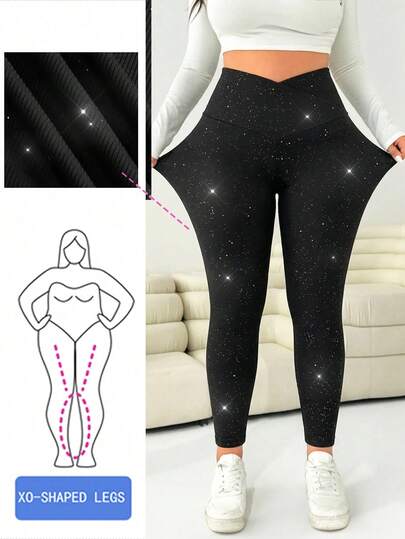 Solflare Plus Size Casual Ribbed Glitter Leggings, Suitable For Autumn/Winter, Daily Wear, Party Outfits, New Year, Valentine's Day