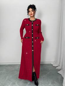 Elenzga Elegantes Partykleid in Große Größen, Farbblockdesign mit Pailletten, Textilstruktur, Metallverzierung vorne, tailliertes A-Linien Kleid für Damen - Rot - Übersicht 5