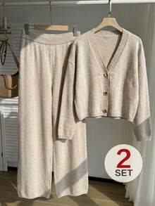 Comfortcana Conjunto informal de 2 piezas de talla grande para mujer, compuesto por un cárdigan de punto de manga larga con hombros caídos y pantalones de punto, para otoño/invierno - Caqui - Ver 1