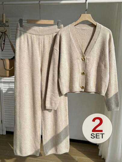 Comfortcana Plus Size Women Solid Color Drop Shoulder Long Sleeve Knitted Cardigan And Knitted Pants Casual 2 Piece Set, Autumn/Winter