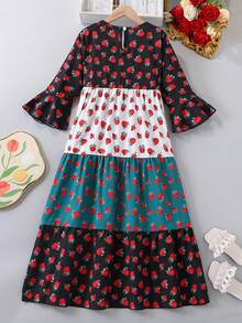 رمضان رداء بياقة على شكل حرف V مع طباعة زهرية مرقعة، وحزام شراشيب ملون، وأكمام ثلاثة أرباع للبنات