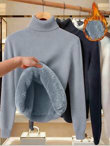 Linhara Plus Size Solid Color Turtleneck Sweater, Thermal Lined, Autumn/Winter - Light Grey - View 1