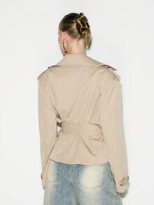 KIZN Cropped Shoulder Pad Trench Coat Double Breasted Lapel Collar Belted Outerwear Fall Winter - Khaki - View 2