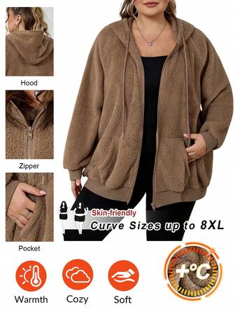 SHEIN CURVE+ Women Plus Size Casual Solid Color Hoodie Sweatshirt, Autumn/Winter