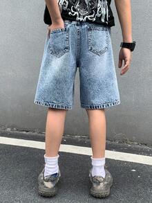 SHEIN Kids Boys' Oversized Cross Embroidered Blue Denim Shorts - Blue - View 2