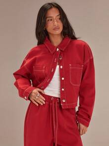 Athîral Denim Women's Red Denim Jacket, Denim Jacket, Red Jacket,Casual Jacket,Loose-Fitting Jacket,Christmas For Women,Winter For Women,Valentine's Day,Valentines For Women,Birthdays For Women,Going Out Tops For Women,Spring Women,Casual Jacket For Women,Red Jacket - Red - View 4
