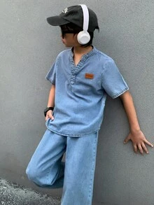 SHEIN Little Byeori 两件套青少年男童时尚休闲Y2K复古酷炫街头基础款简约舒适蓝色牛仔开衫和一条舒适宽松弹力修身牛仔裤，适合儿童日常穿着、春夏派对、节日和街头服饰。 - 藍色 - 查看 4