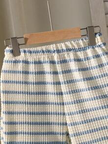 SHEIN Streecool Kids 2pcs Young BoyTextured Stripe Knit Shirt And Shorts Set - Blue - View 5