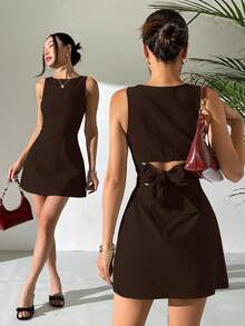 SHEIN EZwear 棕色无袖露背梭织连衣裙（女款） - 棕色 - 查看 3