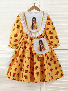 New Girls 4-7 Years Old Spring/Autumn Vintage Print Long Sleeve Dress, Fashionable & Cute Daily Outfit With Small Backpack, Casual, Chic, Suitable For School, Vacation, Travel, Outdoor, Back To School Kids Yellow Dress Yellow Church Dress For Girls Yellow Dress For Girls Little Girl Lemon Dress Bee Dress For Girl Yellow Rose Print Dress Little Girl Yellow Dress Girl Puff Sleeve Dress Muslim Clothes For Kids Thobes For Kid Girls Family Matching Dresses Kids Arabic Dress