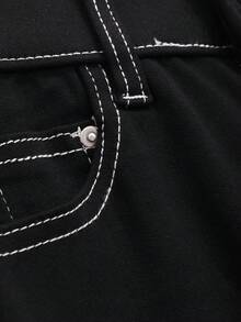 DAZY 女士撞色拼接修身牛仔裤 - 黑色 - 查看 5