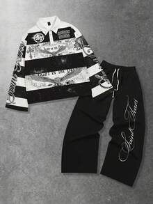 ROMWE MEN Street Life 2pcs Men's Casual Street Style Set, Top + Sweatpants - Black - View 4