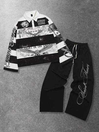 Street Life 2 piezas Conjunto de estilo casual de calle para hombre, Parte superior + Pantalón de chándal