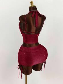 Amplova 女士时尚性感露背吊带上衣和侧边抽绳迷你裙两件套，夏季 - 酒紅色 - 查看 2