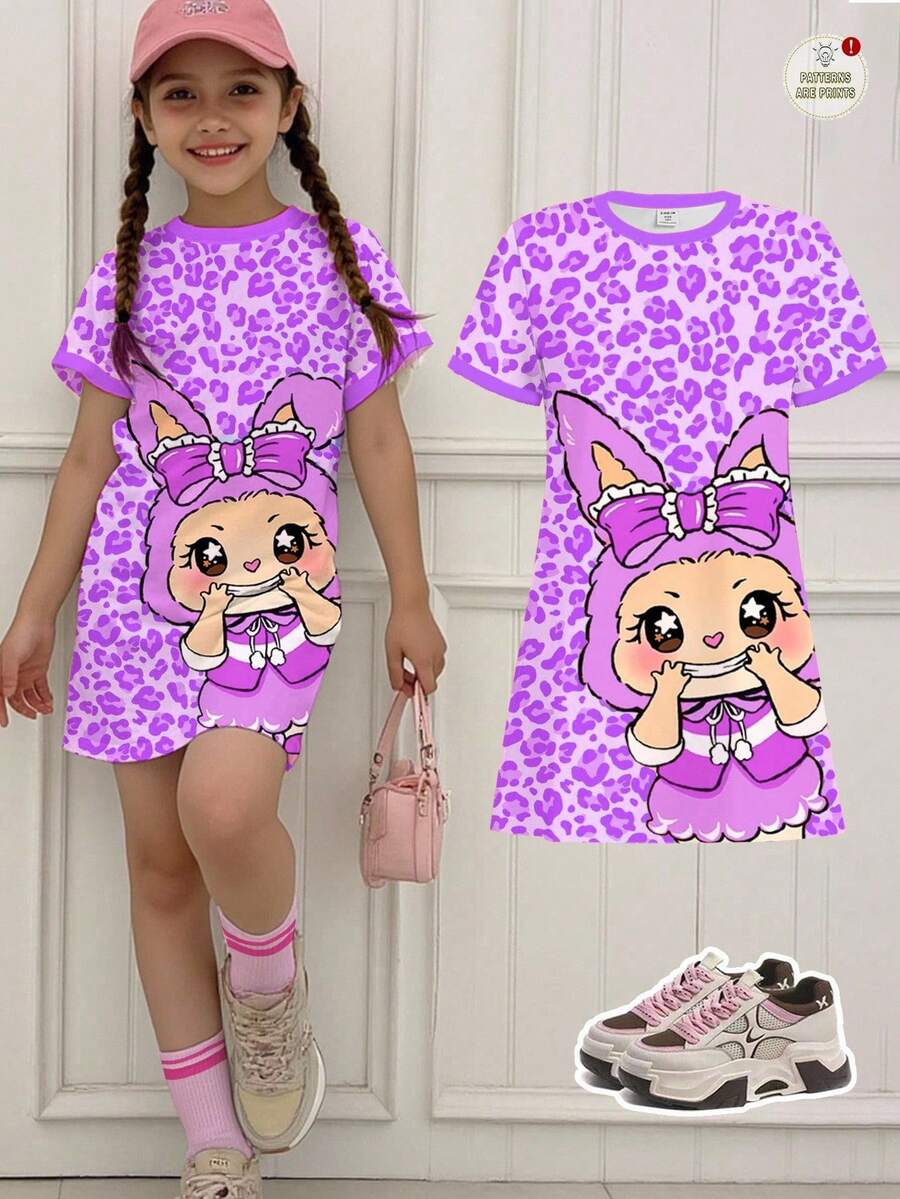 Tween Girls' Casual Leopard Print & Cute Cartoon Graphic Short Sleeve Loose Dress, Suitable For Summer Tshirt Dress For Girls Kawaii Clothes For Girls Lilo And Stitch Dress For Girl Kids Clothes Girls - Multicolor - View 1