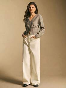 Poéselle Elegant Women's Fitted, Front-Opening Button-Down Knit Sweater, Suitable For Commuting, Brown V-Neck Cardigan.,Sweaters For Women - Khaki - View 4