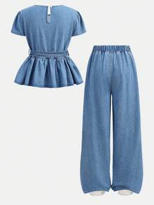 SHEIN 两件套少女时尚休闲Y2K复古酷炫街头风套装，舒适蓝色牛仔上衣配腰带，荷叶边袖口，松紧腰带宽松牛仔裤，适合儿童日常穿着，也适合春夏派对、节日和街头服饰。 - 藍色 - 查看 2