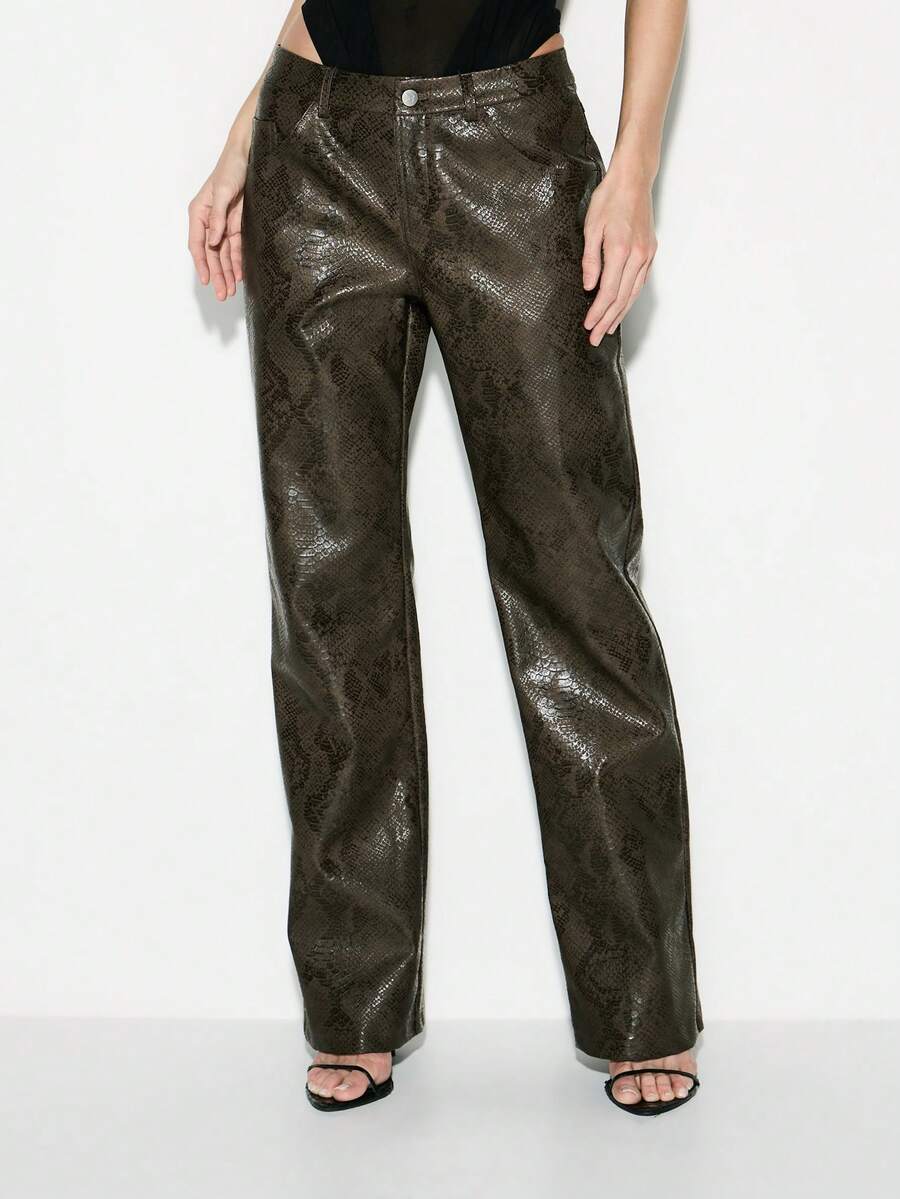 KIZN Snake Print High Waist Straight Leg Faux Leather Trousers Pants Stylish Evening Party Fashion Statement Bottom - Brown - View 1