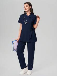 Scrubzie 防皱短袖系带长衬衫和长裤医用工作服套装 - 藏蓝色 - 查看 8